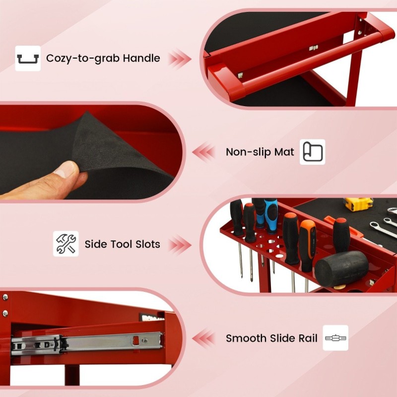 Kolmitasoinen punainen työkaluvaunu vetolaatikolla ja pyörillä