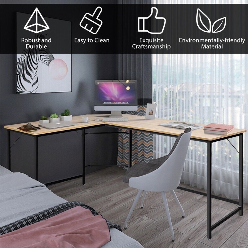 L-muotoinen kulmatietokonepöytä, musta/luonnonväri, moderni ja tilava