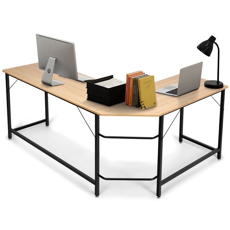 L-muotoinen kulmatietokonepöytä, musta/luonnonväri, moderni ja tilava