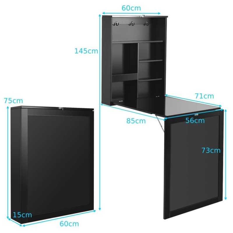 Seinään kiinnitettävä taitettava työpöytä liitutaululla musta