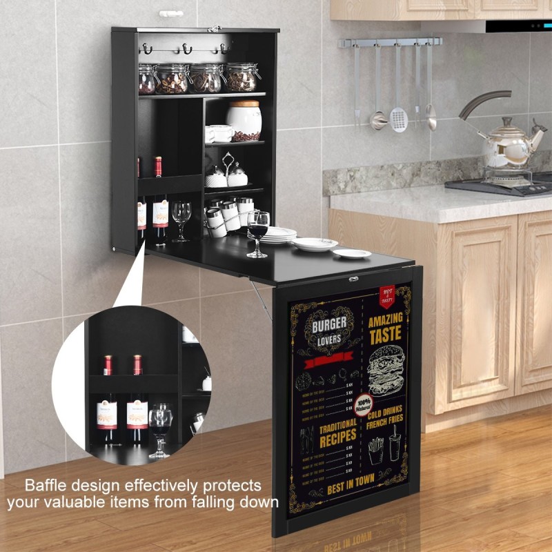 Seinään kiinnitettävä taitettava työpöytä liitutaululla musta