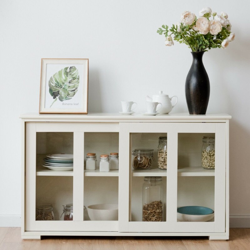 Monikäyttöinen sideboard liukuovilla, kermanvalkoinen, MDF-materiaali