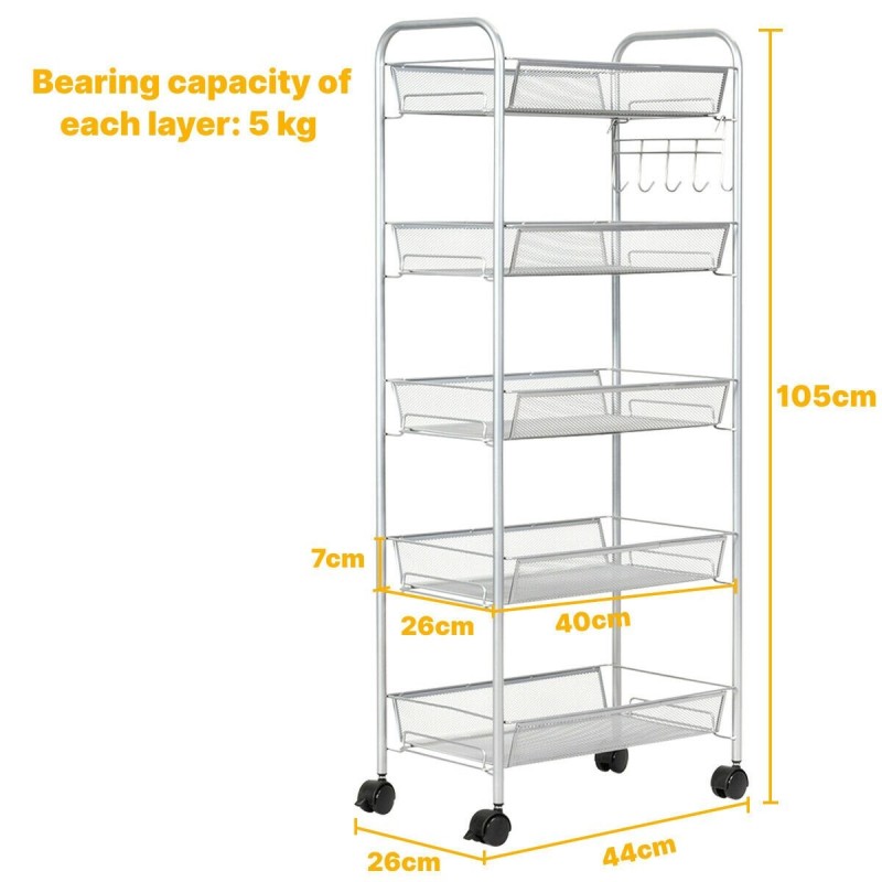 Harmaa 5-tasoinen rullakärry keittiöön ja toimistoon