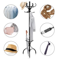 Musta puinen vaate- ja hattuteline kolmionmuotoisella jalustalla