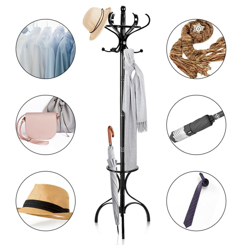 Musta puinen vaate- ja hattuteline kolmionmuotoisella jalustalla