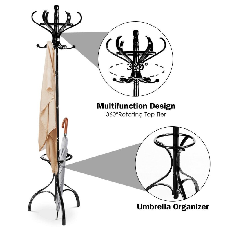 Musta puinen vaate- ja hattuteline kolmionmuotoisella jalustalla