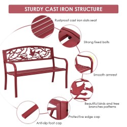 Kolmen istuttava punainen puutarhapenkki valuraudasta ja teräksestä