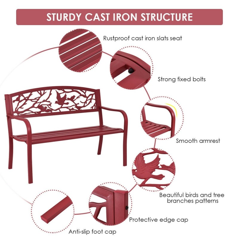 Kolmen istuttava punainen puutarhapenkki valuraudasta ja teräksestä