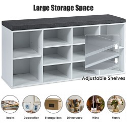 Valkoinen suuri kenkäpenkki säädettävillä lokeroilla ja pehmusteella