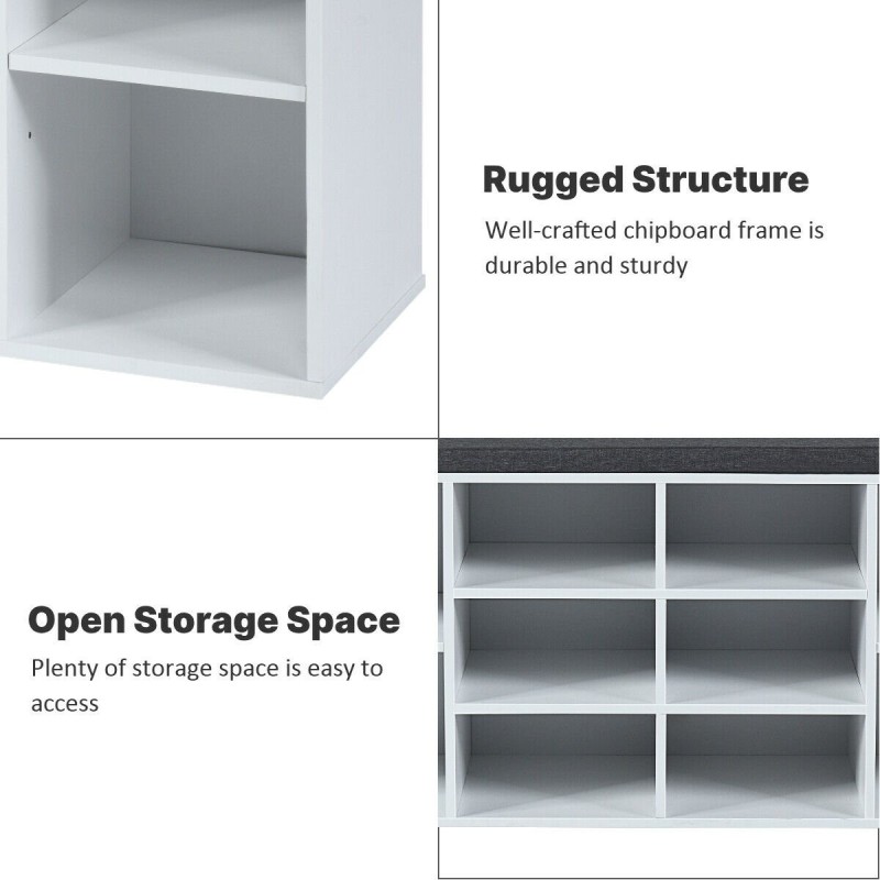 Valkoinen suuri kenkäpenkki säädettävillä lokeroilla ja pehmusteella