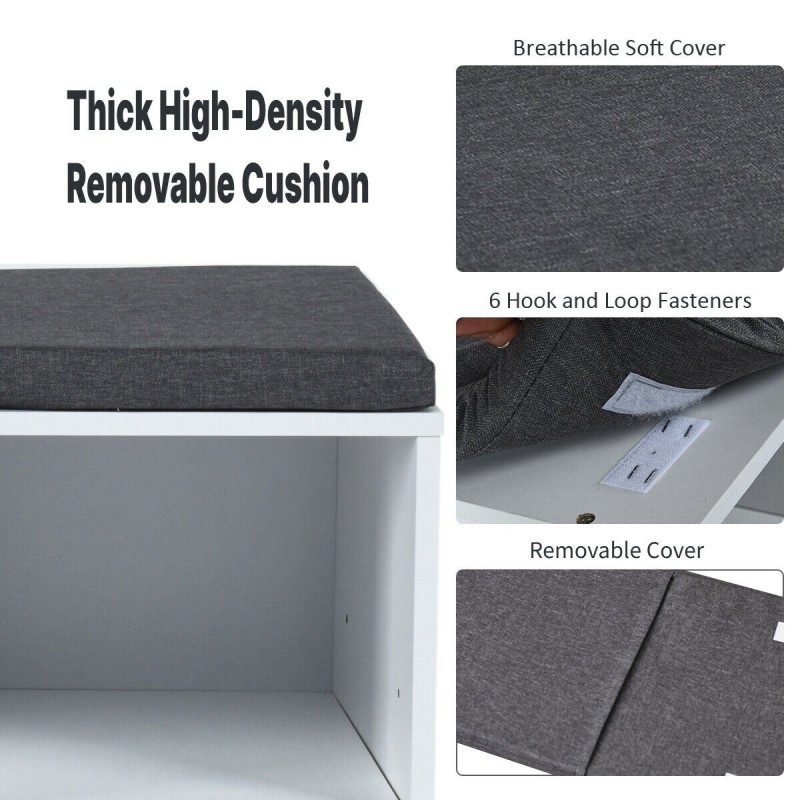 Valkoinen suuri kenkäpenkki säädettävillä lokeroilla ja pehmusteella