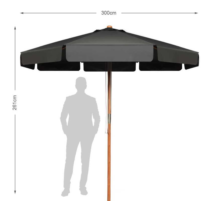 Säädettävä harmaa 300 cm patio-varjo pyökkipuuvarrella