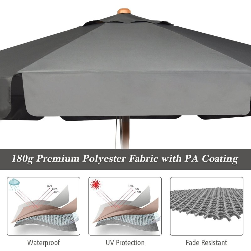Säädettävä harmaa 300 cm patio-varjo pyökkipuuvarrella