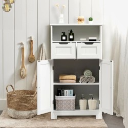 Valkoinen kylpyhuonekaappi säädettävillä hyllyillä ja laatikoilla