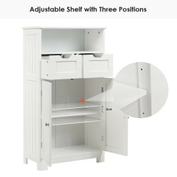 Valkoinen kylpyhuonekaappi säädettävillä hyllyillä ja laatikoilla