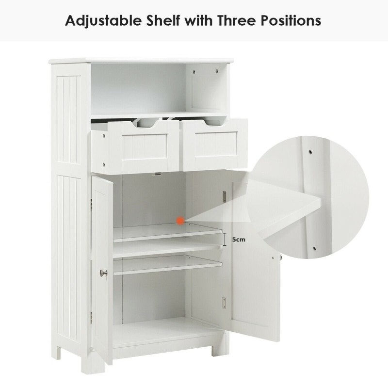 Valkoinen kylpyhuonekaappi säädettävillä hyllyillä ja laatikoilla