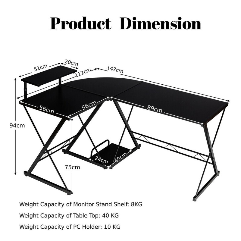 L-muotoinen musta tietokonepöytä kotiin ja toimistoon