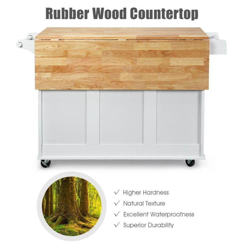 Liikuteltava valkoinen keittiövaunu taitettavalla työtasolla