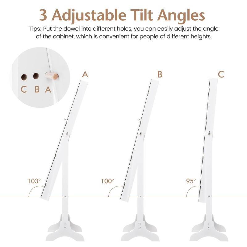 Valkoinen peilillinen korukaappi täyspitkällä peilillä ja säilytystilalla