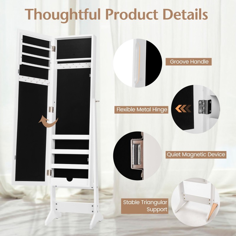 Valkoinen peilillinen korukaappi täyspitkällä peilillä ja säilytystilalla