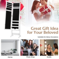 Valkoinen peilillinen korukaappi täyspitkällä peilillä ja säilytystilalla