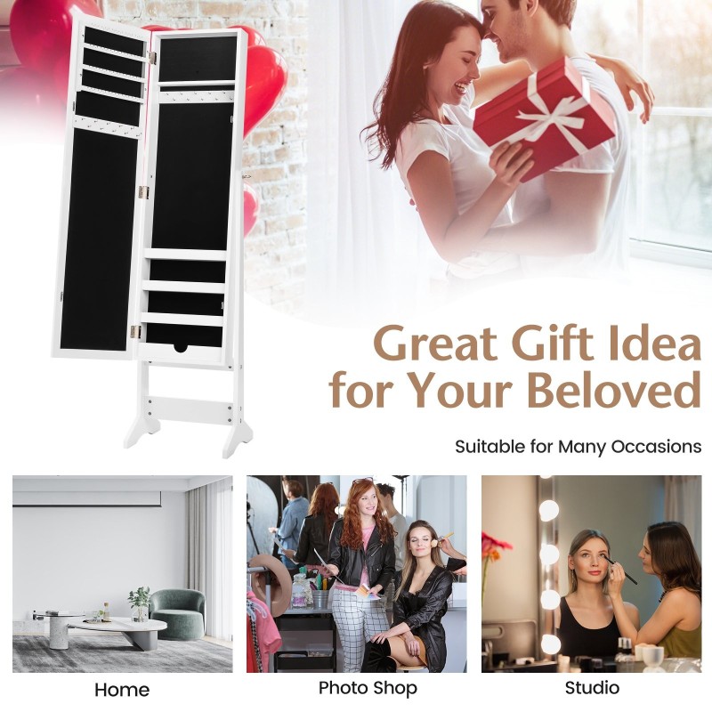 Valkoinen peilillinen korukaappi täyspitkällä peilillä ja säilytystilalla