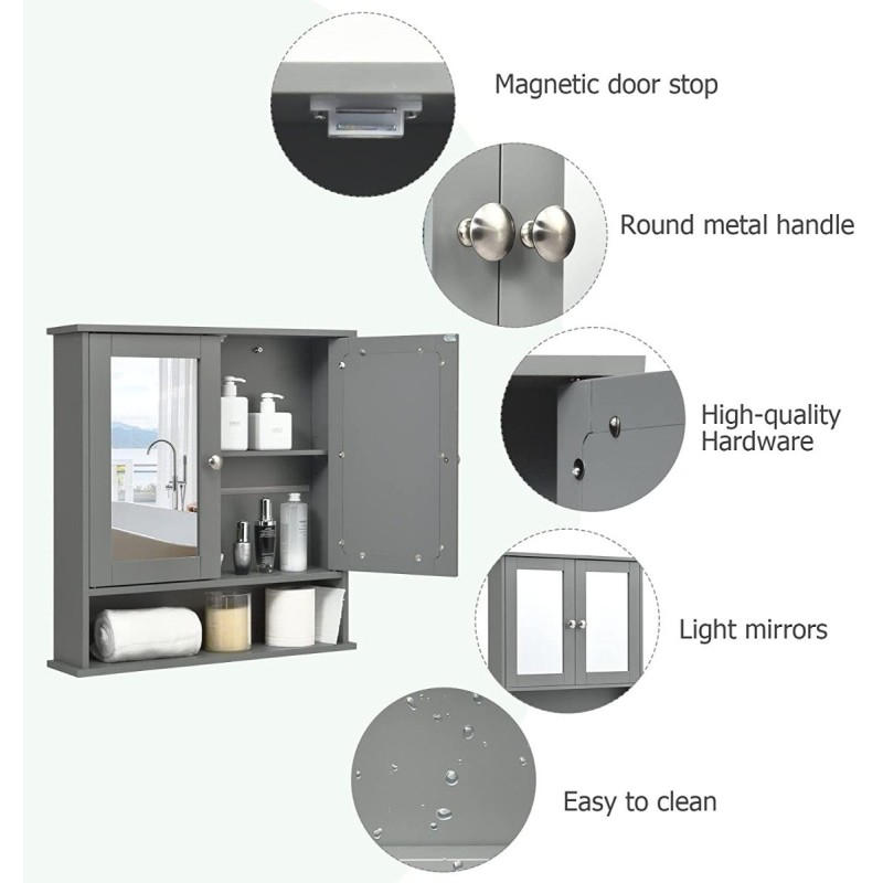 Harmaa puinen seinäkaappi peilillä ja säädettävällä hyllyllä