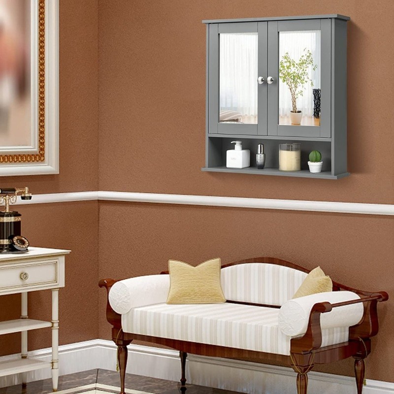 Harmaa puinen seinäkaappi peilillä ja säädettävällä hyllyllä