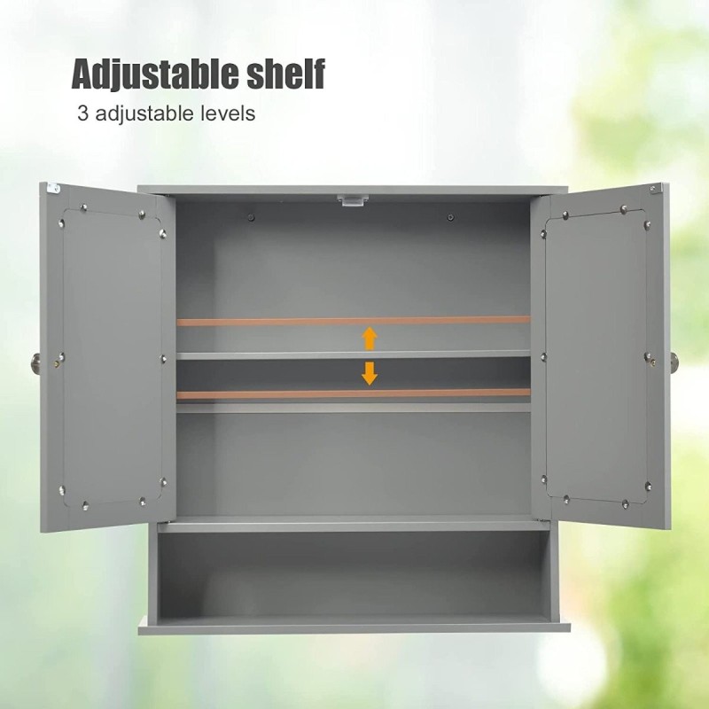 Harmaa puinen seinäkaappi peilillä ja säädettävällä hyllyllä