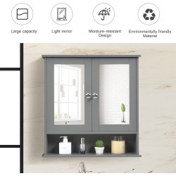 Harmaa puinen seinäkaappi peilillä ja säädettävällä hyllyllä