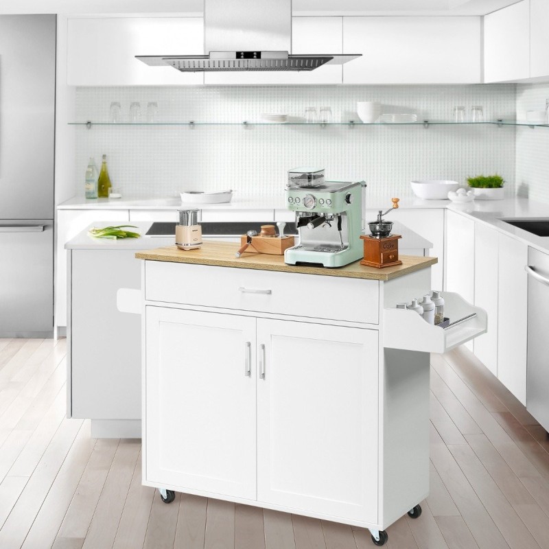 Valkoinen keittiövaunu pyörillä ja säädettävällä hyllyllä