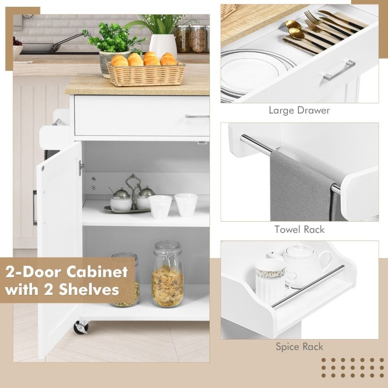 Valkoinen keittiövaunu pyörillä ja säädettävällä hyllyllä