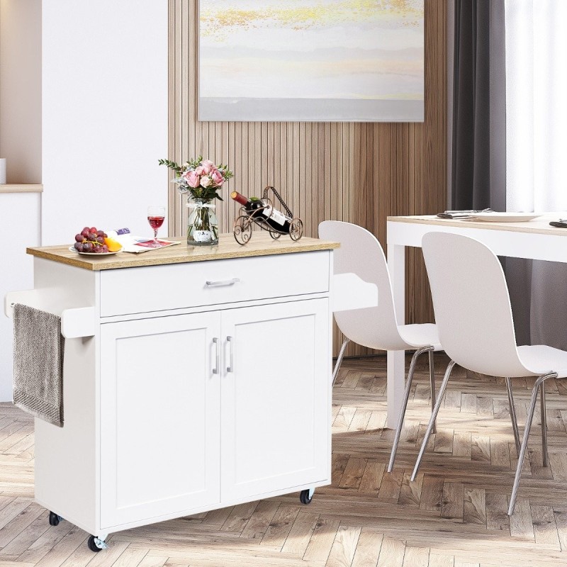 Valkoinen keittiövaunu pyörillä ja säädettävällä hyllyllä