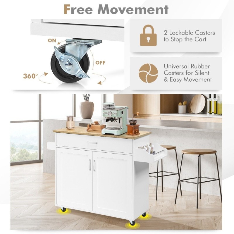 Valkoinen keittiövaunu pyörillä ja säädettävällä hyllyllä