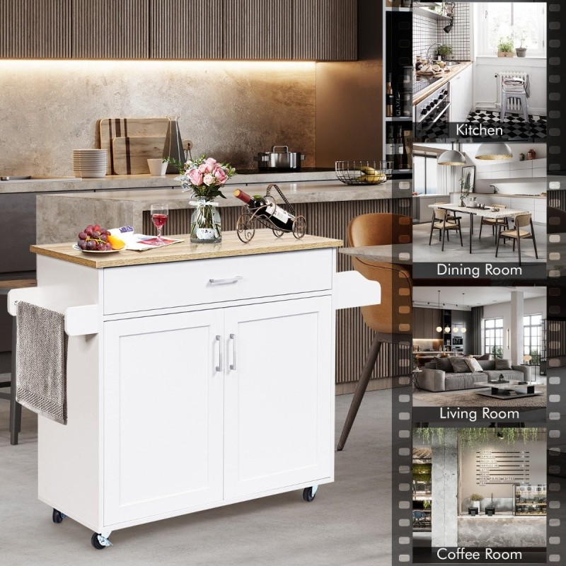 Valkoinen keittiövaunu pyörillä ja säädettävällä hyllyllä