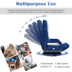 Sininen kääntyvä lattiaistuin, säädettävä selkänoja ja käsinojat Sininen kääntyvä lattiaistuin, säädettävä selkänoja ja käsinojat