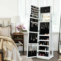 Valkoinen 3-in-1 kääntyvä peilillinen korukaappi hyllyillä