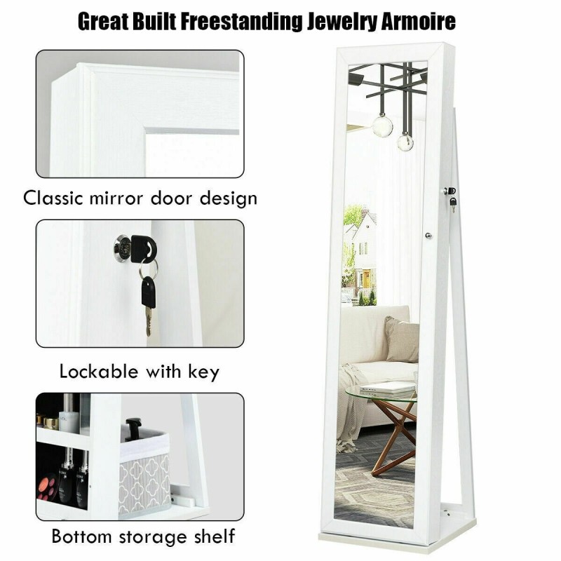 Valkoinen 3-in-1 kääntyvä peilillinen korukaappi hyllyillä