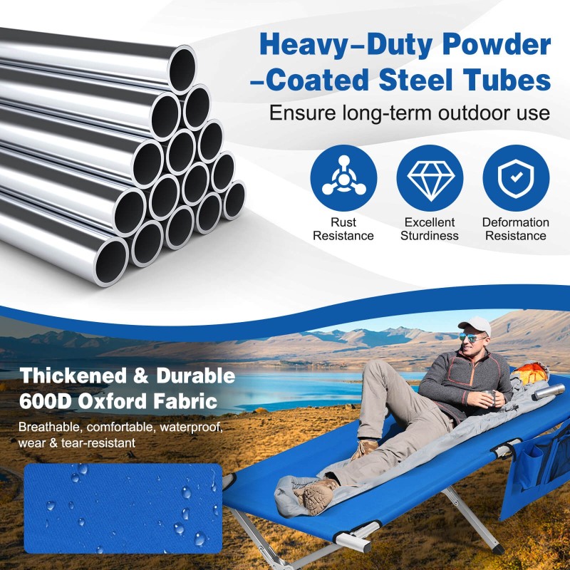 Taitettava sininen retkisänky 204 kg kantavuus 190x73x42 cm