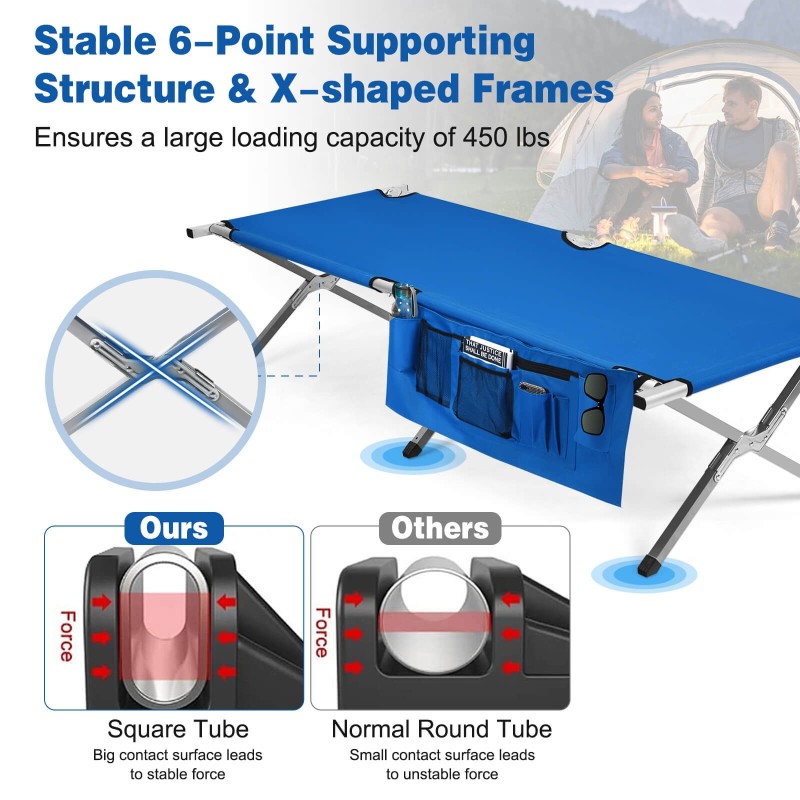 Taitettava sininen retkisänky 204 kg kantavuus 190x73x42 cm