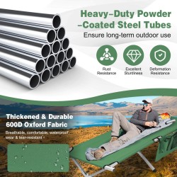 Taitettava vihreä retkisänky sivutaskulla ja kantolaukulla