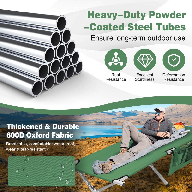 Taitettava vihreä retkisänky sivutaskulla ja kantolaukulla