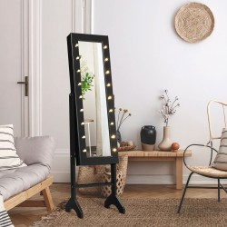 Säädettävä musta korukaappi peilillä ja LED-valoilla Säädettävä musta korukaappi peilillä ja LED-valoilla