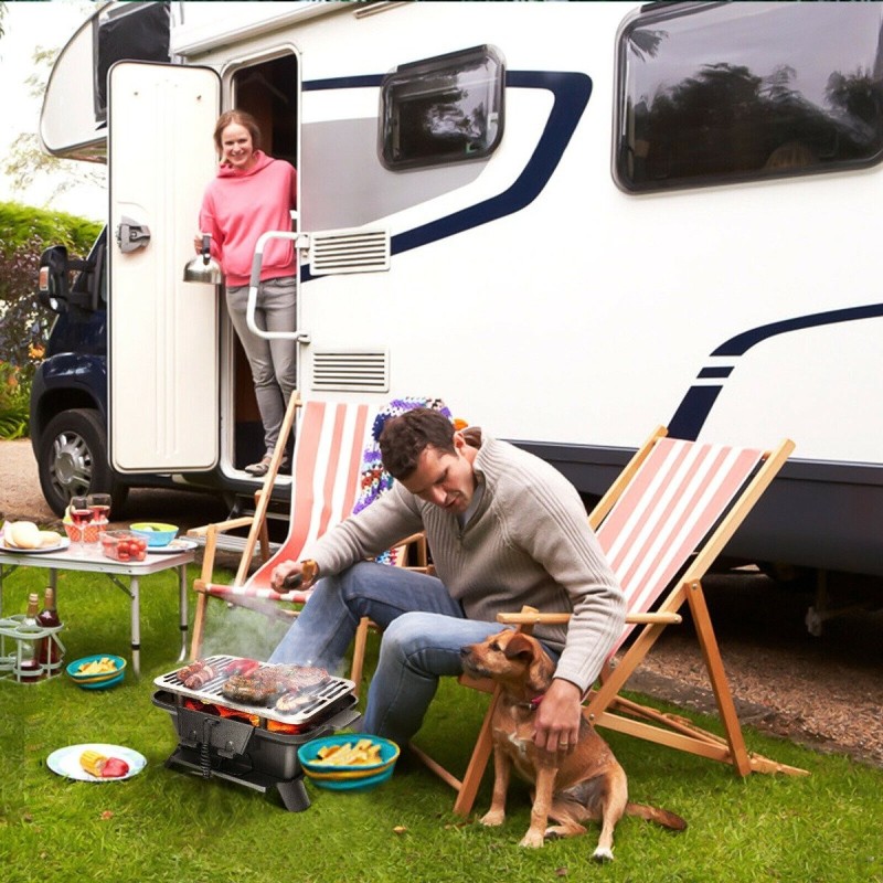 Kannettava valurautainen hiiligrilli kaksipuolisella grillausverkolla