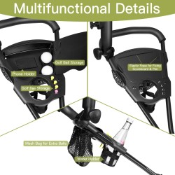 Kolmipyöräinen taitettava golfkärry säädettävällä kahvalla ja jalkajarrulla