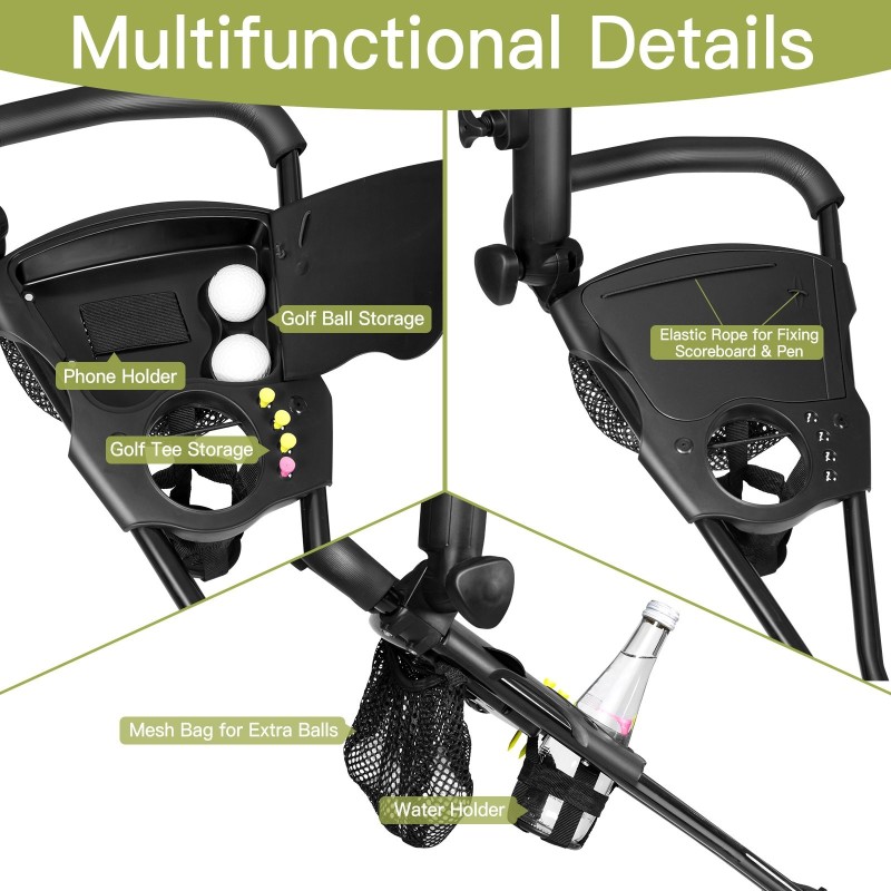 Kolmipyöräinen taitettava golfkärry säädettävällä kahvalla ja jalkajarrulla