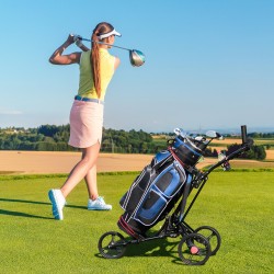 Kolmipyöräinen taitettava musta golfkärry alumiinirakenteella