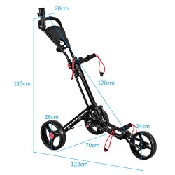 Kolmipyöräinen taitettava musta golfkärry alumiinirakenteella