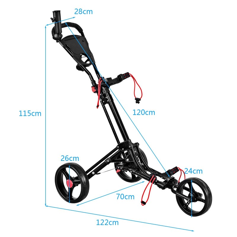Kolmipyöräinen taitettava musta golfkärry alumiinirakenteella