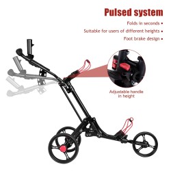 Kolmipyöräinen taitettava musta golfkärry alumiinirakenteella